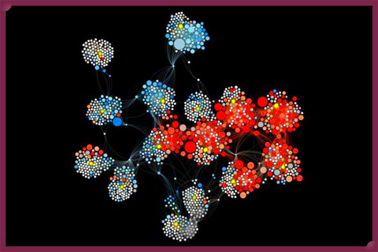 Нейтральные боты-"бродяги", выделенные желтым цветом, и выборка их друзей и подписчиков, окрашенных в соответствии с политическими взглядами. Крупные узлы - это аккаунты, которые делятся множеством ссылок с низким доверием.