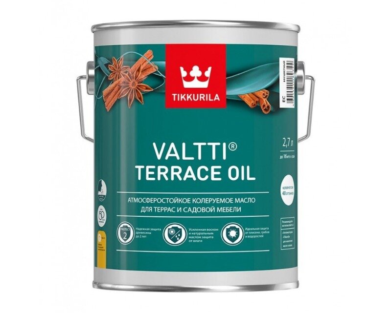 Tikkurila Valtti Terrace Oil — колеруемое масло, содержащее воск и добавки для защиты древесины от плесени, грибков и водорослей.