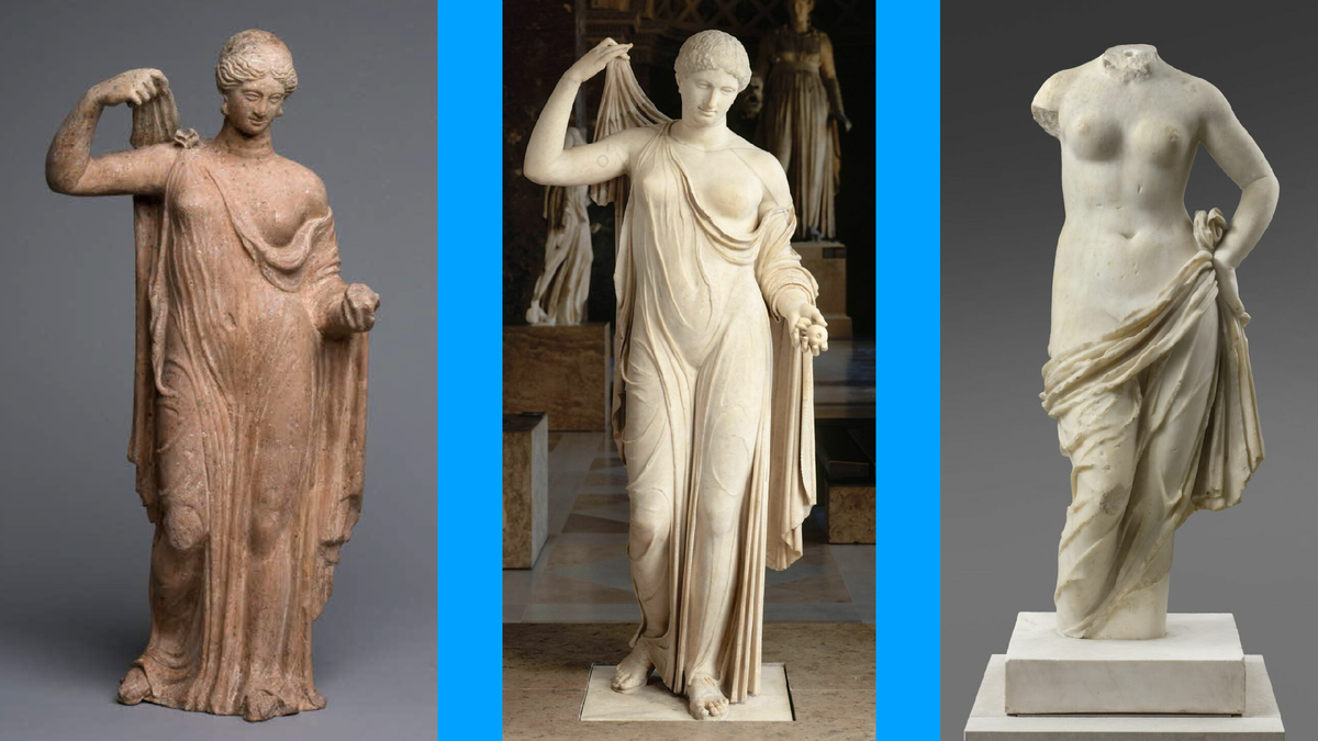 Из собрания Лувра, Париж. 1. Римская копия греческой статуэтки V век до н.э. 29,3 см, керамика. 2. Aphrodite Naples Fréjus. Римская копия греческой скульптуры V в. до н.э. 164 см, мрамор. 3. Рим, I век. 116 см, мрамор