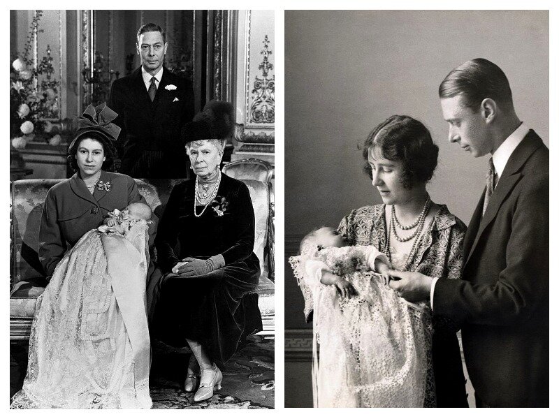 Слева: крещение Чарльза. Справа: крещение королевы Елизаветы, она на руках у родителей
