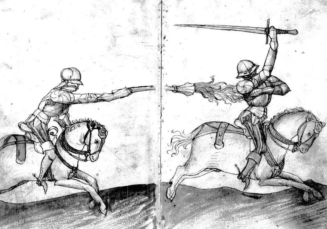 Бой между всадниками в доспехах. Германия, около 1475 года. Bayerische Staatsbibliothek, Мюнхен,