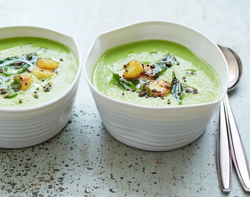 Летний крем-суп с морскими гребешками. Время приготовления: 25 минут. Количество порций: 4