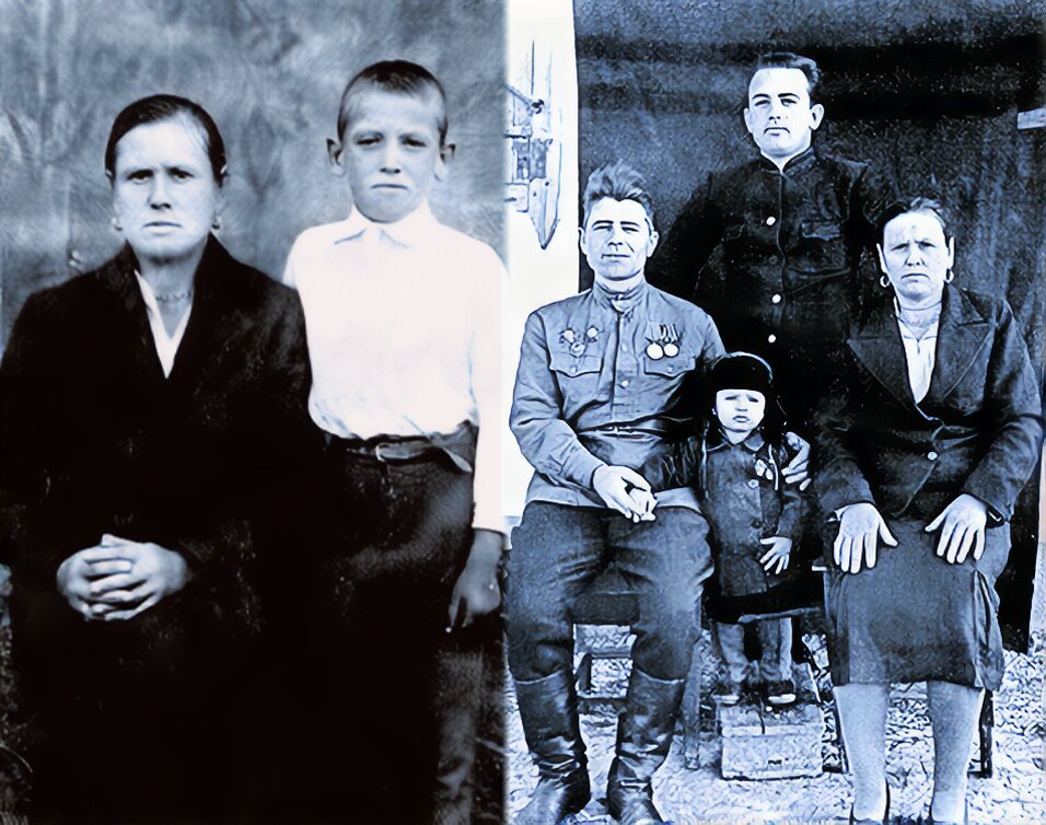 Слева фото Миши и его мамы - Марии Гопкало, в день, когда отец отправился на фронт (03.08.1941). Справа - он уже повзрослевший с родителями и младшим братом.