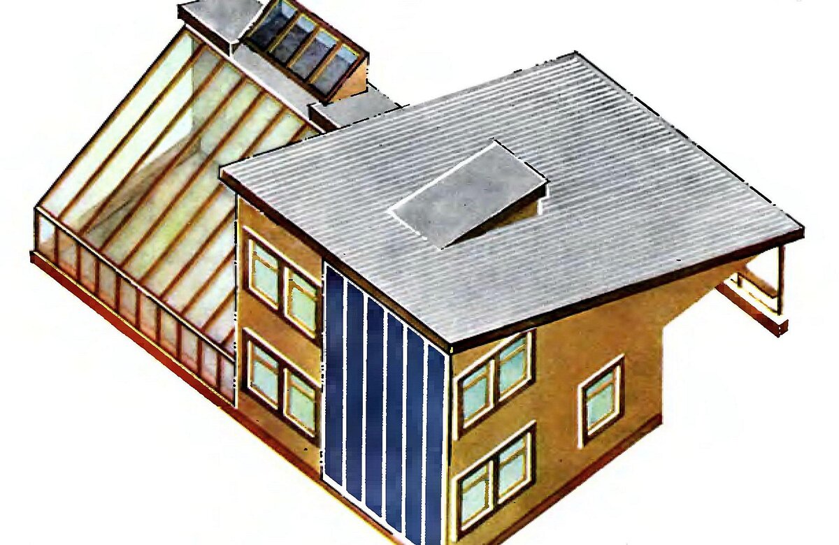 Дом с солнечным коллектором сблокирован с теплицей и с хозблоком. (Рисунок из журнала Наука и жизнь.)