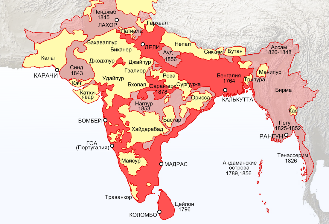 Земли Ост-Индской компании в 1819 году - красным, более бледным - территории, перешедшие под британское управление к 1909 году