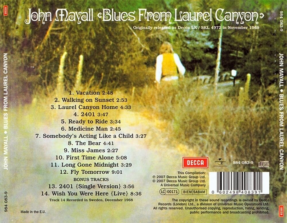 John Mayall. Blues From Laurel Canyon 1968. Back. Обложка альбома.