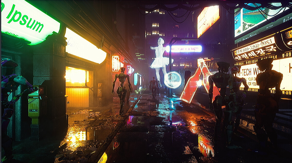 Обстановка улиц мегаполиса. Дождь, неон, роботы, голограммы... Всё как мы любим.