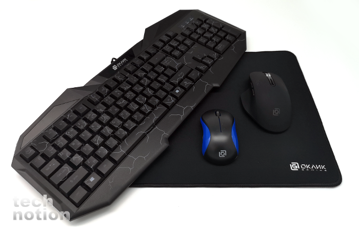 Клавиатура из игрового набора ОКЛИК HS-HKM100G, беспроводные компьютерные мыши ОКЛИК 605SW и ОКЛИК 636 LWC, коврик для мыши ОКЛИК FO351.