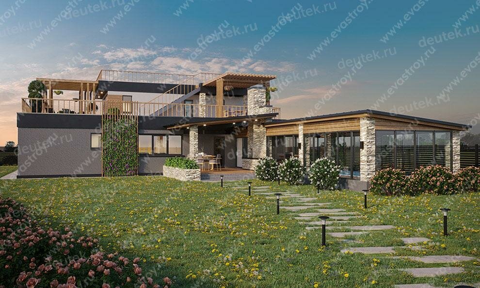 Вид на внутренний двор и правый фасад. Источник изображения: Дзен-канал "DEUTEK - проектирование домов"