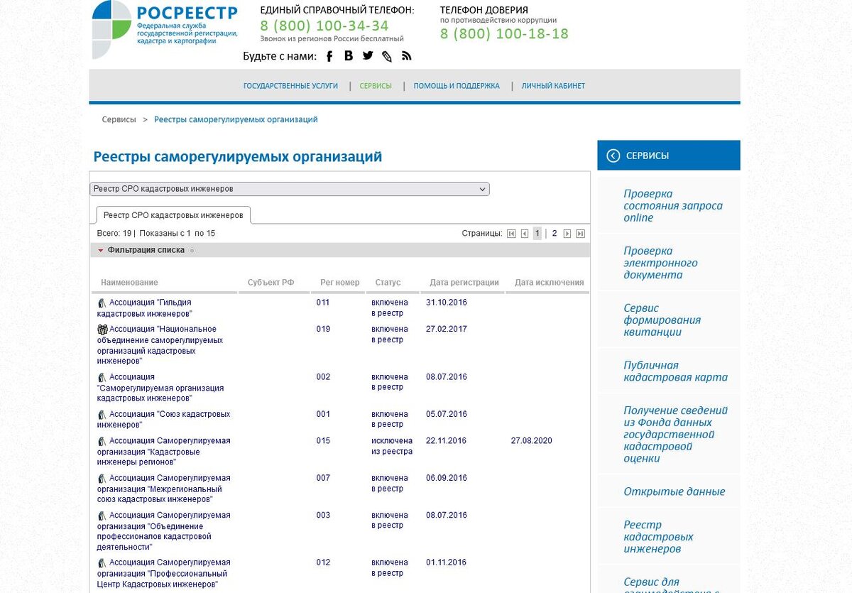 Реестр СРО кадастровых инженеров на официальном сайте Росреестра