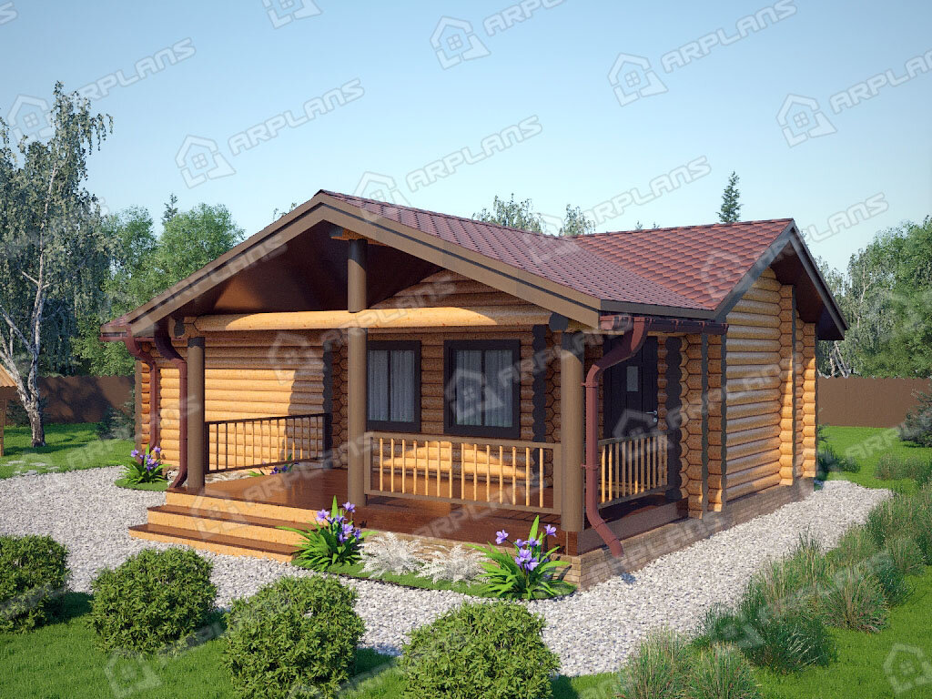 Фото 1 одноэтажной бани из бревна с комнатой отдыха и террасой. Общая площадь 53 кв м. Источник arplans.ru Проект Б-028