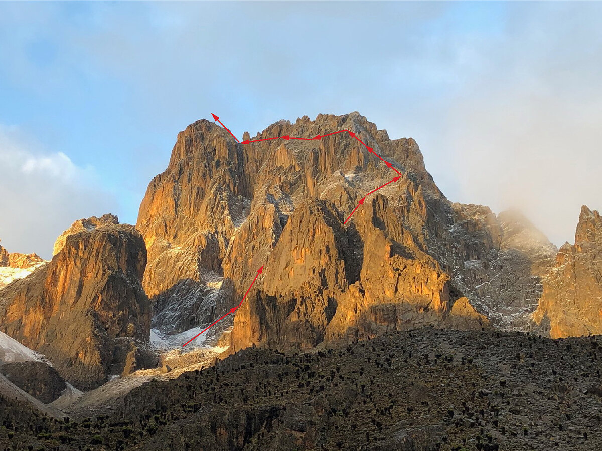 Пик Батиан массива Кения, северная стена, 5А.