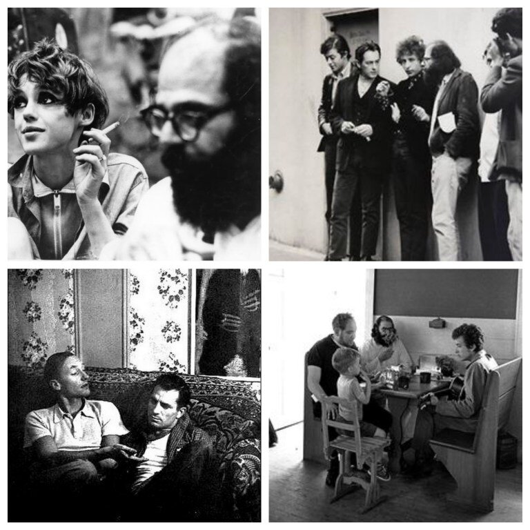 Авторы битников: Эди Седжвик и Аллен Гинзберг, поэты Майкл МакКлюр, Гинзберг и Боб Дилан, Джек Керуак и Уильям Берроуз