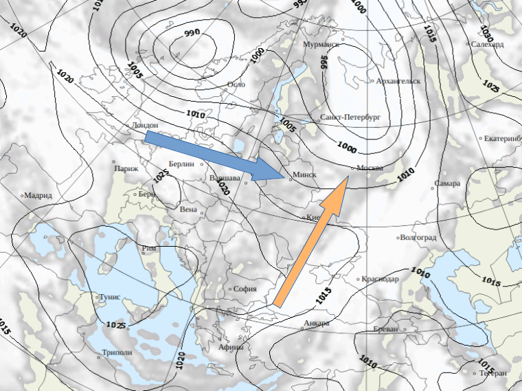 Воздушные потоки в циклоне. К Минску движется холодный воздух, к Москве тёплый.