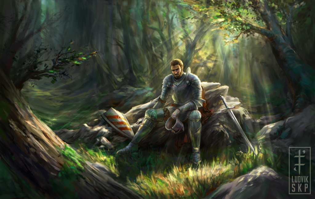 Мужик в ручье. Рыцарь в лесу. Человек фэнтези. Воин в лесу. Странник в лесу.