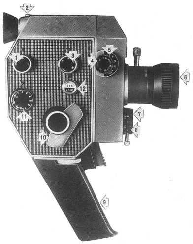
1 — рукоятка установки режимов работ; 2 — винт-фиксатор окуляра; 3 — рукоятка установки частоты съемки; 4 — рукоятка со шкалой чувствительности пленки; 5 — шкала частоты съемки; 6 — объектив; 7 — светоприемник фотоэкспонометра; 8 — шкала диафрагмы; 9 — рукоятка; 10 — рукоятка взвода пружины; 11 — счетчик метража пленки; 12 — рукоятка включения и отключения грейфера