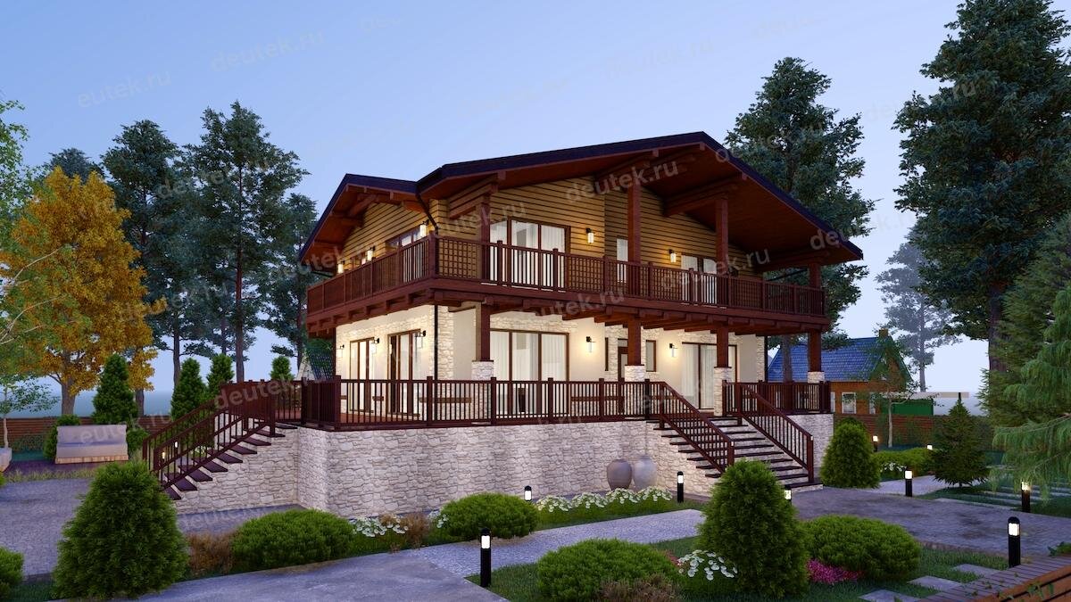 Проект двухэтажного дома 486 м2 с цокольным этажом в стиле шале - DTE135