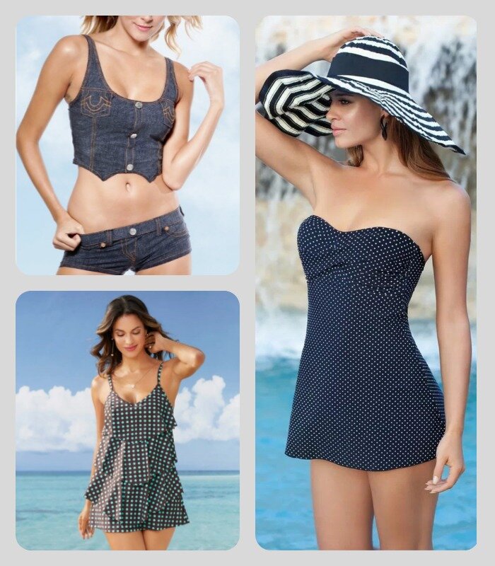 Платья-купальники и комплект, имитирующий джинсовку.