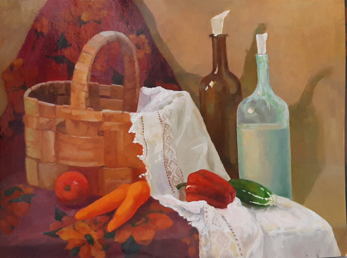 Сельский натюрморт, грунт.карт., мас., лак. Работа подарена прекрасным соседям по даче и висит у них на стене в дачном домике, прекрасно с ним гармонируя.