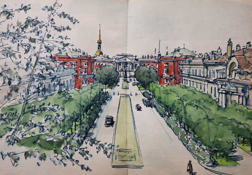 Синани В.А. Кленовая аллея. Вид на Инженерный замок. 1973 