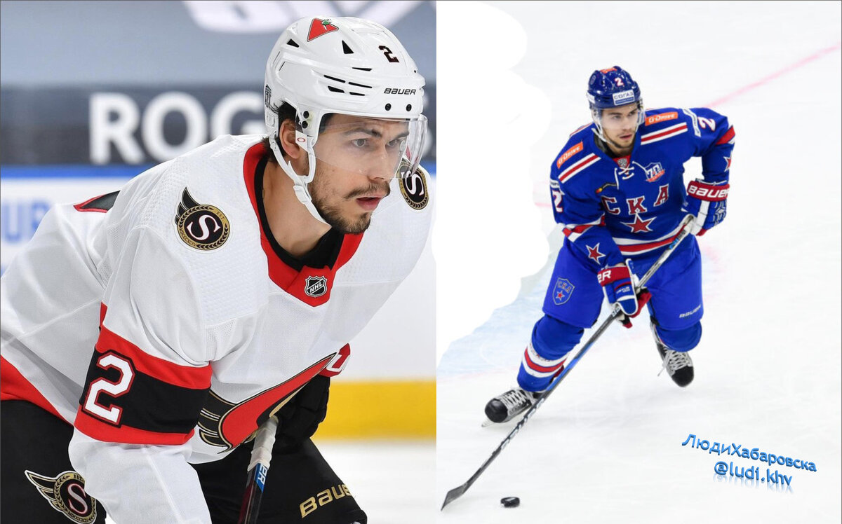 На фото Артем Зуб в форме СКА (справа) и Оттава сенаторз (слева) 2021