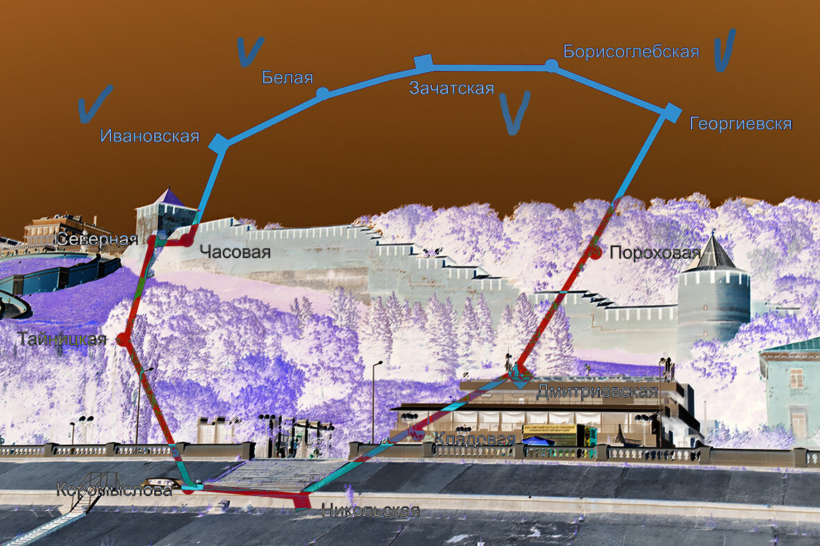 Схема нижегородского кремля. Фото и обработка автора. Схема - Викисклад [1]