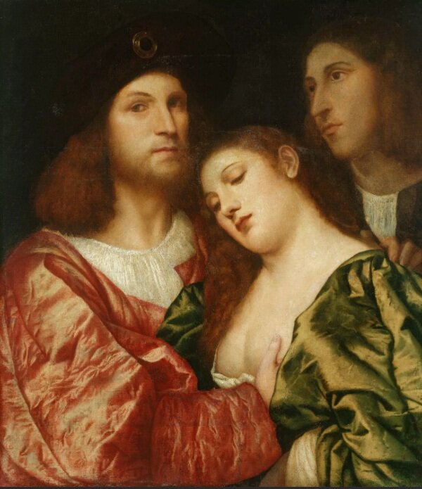 Художник Тициан "Любовники". Тицианового цвета одежда на мужчине.