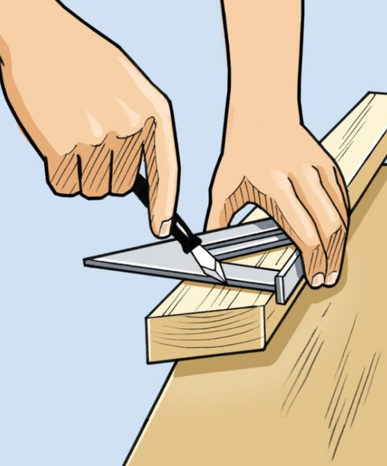 Пиломатериалы не всегда поставляются с завода квадратными, поэтому вам нужно будет проверить их с помощью квадратного инструмента и вырезать их квадратными, если это еще не сделано, чтобы создать эталонную грань. Измерьте все размеры от этого края или грани.