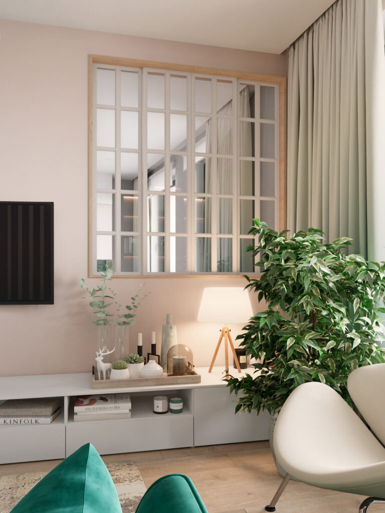 Зеленый, серый и много дерева. Современный интерьер трехкомнатная квартиры