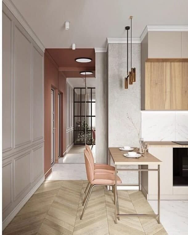 Стеклянная перегородка для зонирования квартиры. Студия в пастельных серо-пудровых тонах