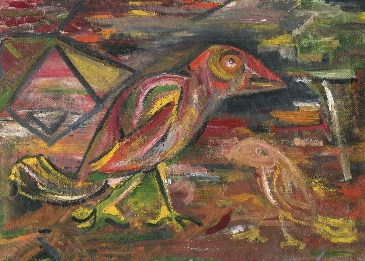 Мне вот так видятся те петухи, которые ночью поют во Вьетнаме. Но на картине не петухи, а вороны, и это не моя картина, хотя она находится у меня. Белорусская художница Нина Чернявская 1991 год. Холст Масло 40 х 50 см.