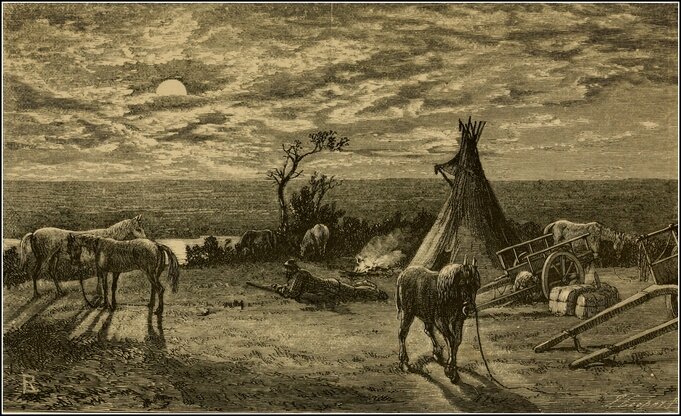 Англичане сторожат своих лошадей от кри. Иллюстрация из книги «The North-West Passage by land», 1865 г.