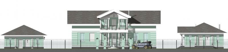 Внешний вид дома с двумя фланкирующими его флигелями и оградой.