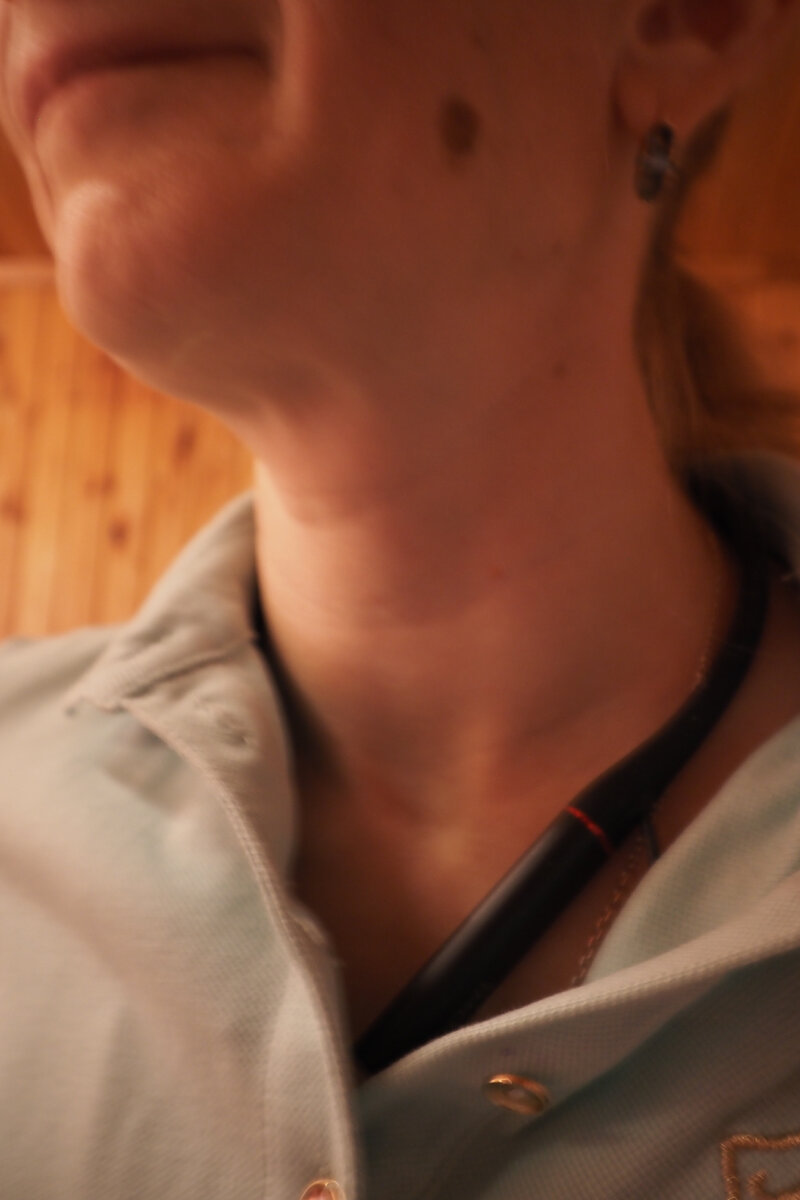 BT-гарнитура прячется под платье-рубашку. У супруга примерно та же ситуация. Звук с них.