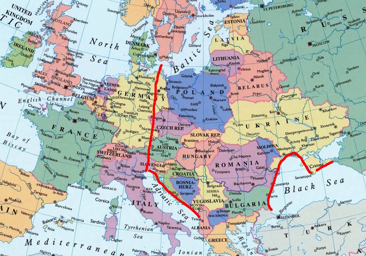 Красная линия на карте - граница соприкосновения языков