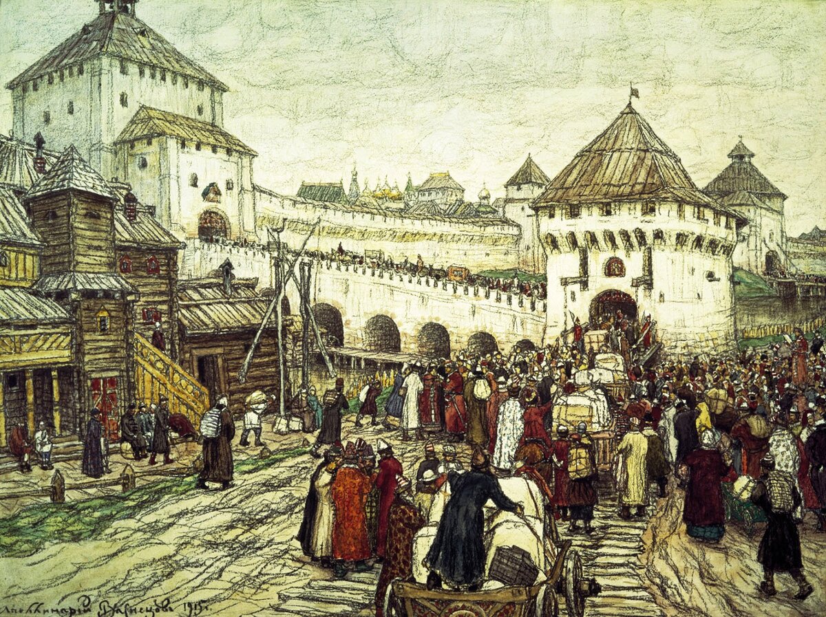 Дорога у Кутафьей башни в 17 веке. Картина А. Васнецова. Отсюда: http://moscowwalks.ru. Не все считают эти полотна достоверными историческими изображениями. Однако Васнецов, работая над картинами, изучил огромное количество архивных документов и воспоминаний современников.