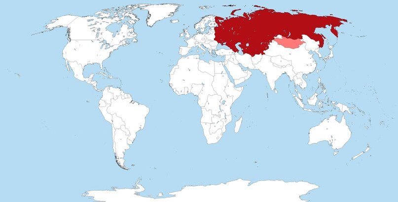 Политическая карта мира перед началом Второй мировой войны. Темно-красным выделена территория Советского Союза, светлым - Монголии