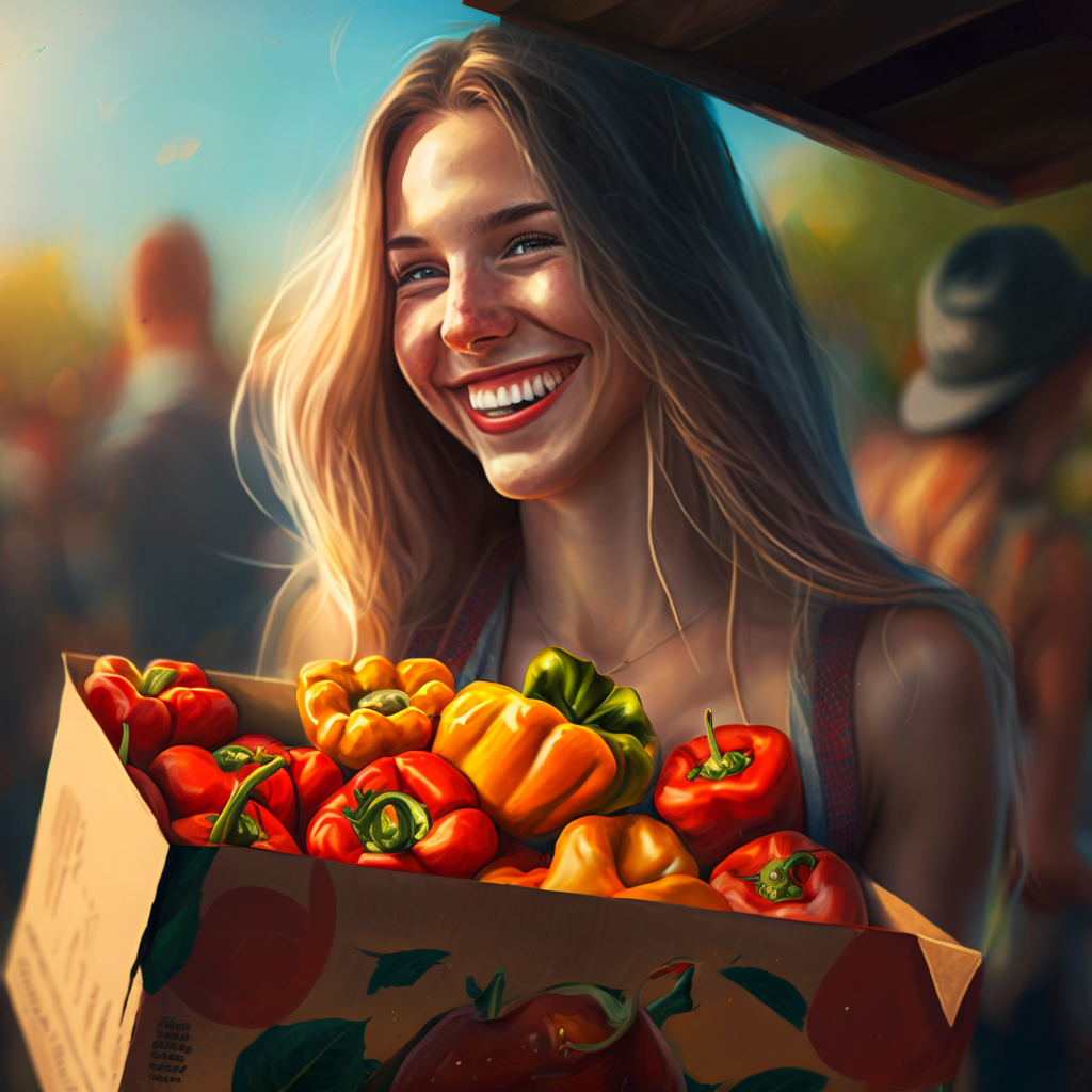 Девушка держит ящик болгарского перца