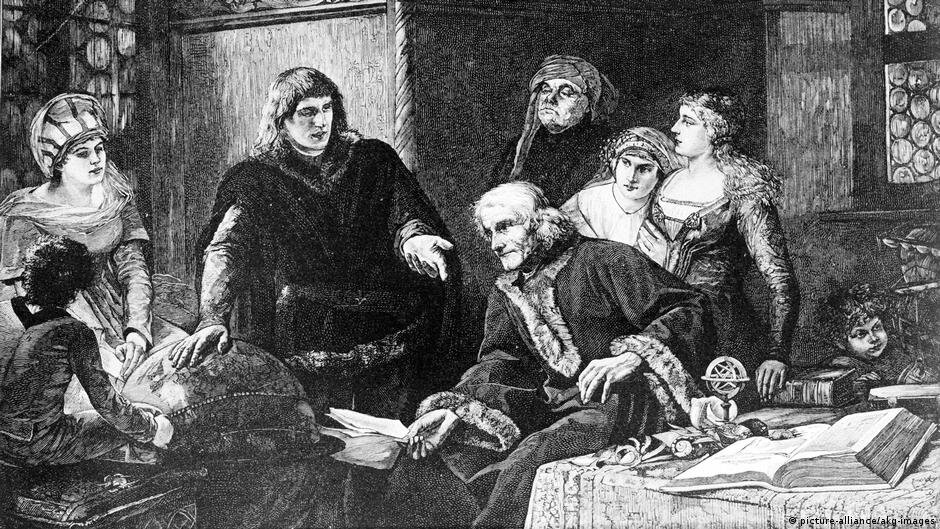 Мартин Бехайм объясняет свой глобус. Гравюра 1883 года