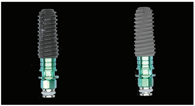 Рис. 1. Имплантаты с поверхностью SA (слева) и SOI (справа). Поверхность SOI является гидрофильной (более темная),а поверхность SA - гидрофобной