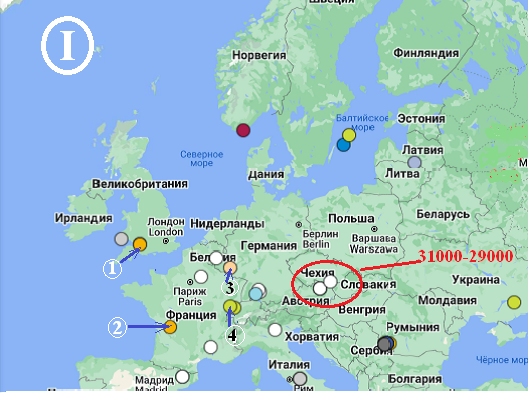 Рис.1. Карта образцов ископаемых образцов периода палеолита и мезолита.  1 - I2a-S2555>S2524* (Британия, 10565-9916 л. н.); 2 - I2a-S2555 (Франция, 7200-7000 л.н.); 3 - I2a-M423>V6473 (Люксембург, 6221-5986 л.н.); 4 - I2a-S21825 (Швейцария, 11207-10955 л.н.); Норвегия, 7502-7325 л.н. (I2-L596>Y14158>S6635*); Латвия,  6069-5984 л.н. (I2a-M223>Z161>PH5234); Германия, 7472-7042 л.н.(I2a-M223>CTS616); Румыния, 7446-6643 л.н. (I2a-S2555)