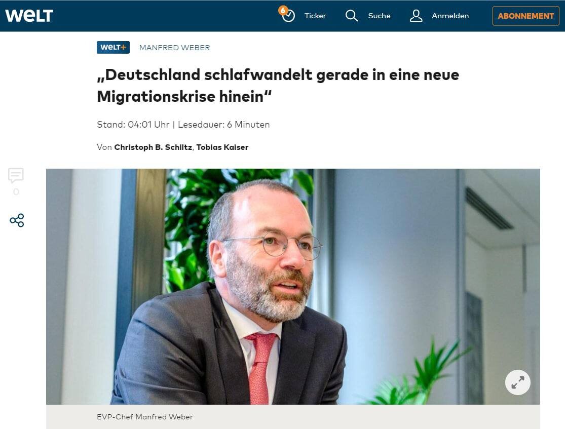 Германия на пороге нового миграционного кризиса "В свете продолжающегося разрушения энергетической инфраструктуры на Украине мы вынуждены готовиться к тому, что этой зимой в ЕС прибудет большое число украинцев и многие из них приедут в Германию. Боюсь, что мы станем свидетелями драматичной зимы", - предупредил глава ведущей фракции Европарламента ("Европейской народной партии") Манфред Вебер в интервью газете Welt am Sonntag.