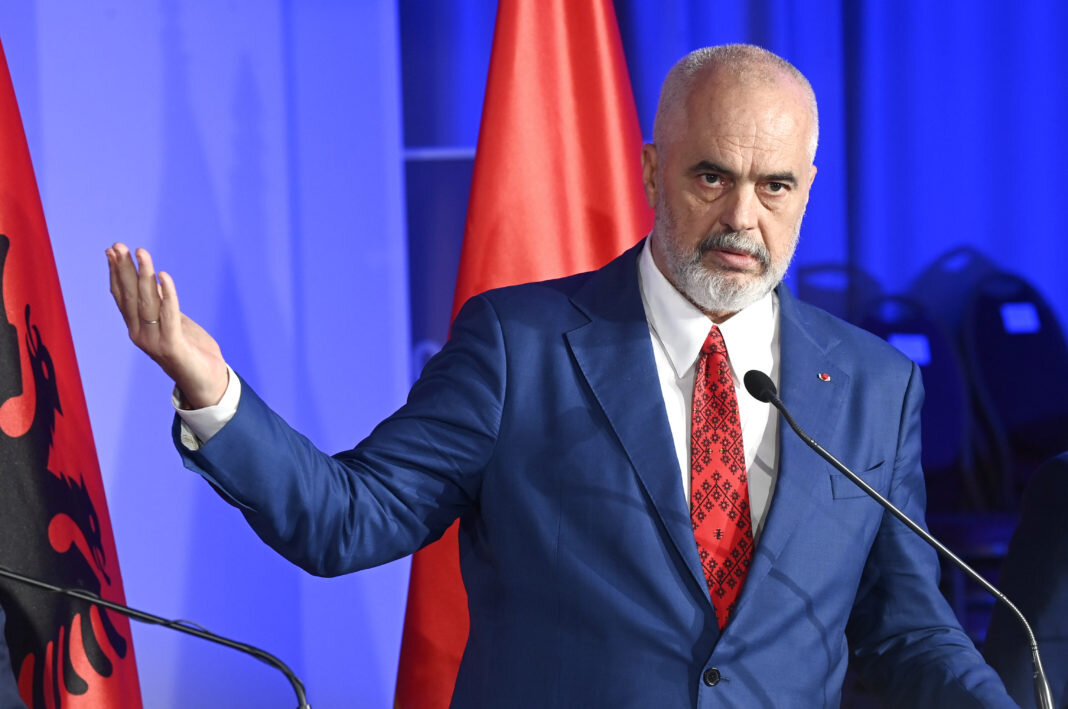    epa10002061 Prime Minister of Albania Edi Rama attends the joint press conference during the Open Balkan Summit in Ohrid, Republic of North Macedonia, 08 June 2022. EPA-EFE/GEORGI LICOVSKI editor