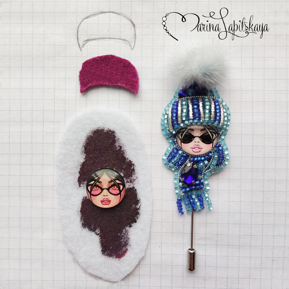 Приклеиваем личико и вокруг него рисуем шапку и шарфик, отдельно вырезаем из фетра деталь "отворота" шапки