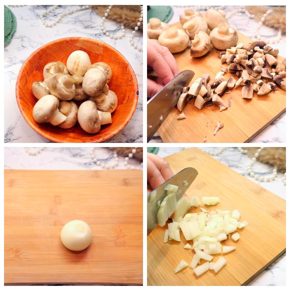 Шампиньоны и луковицу нарезаем на кубики Chevushki