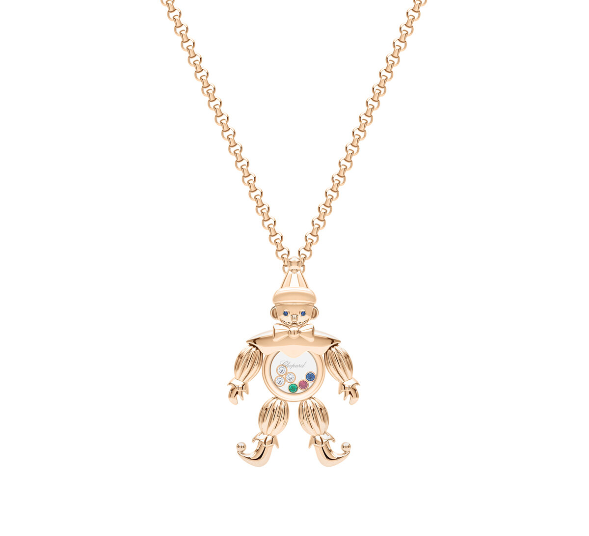 Кулон Chopard Happy Clown из розового золота с плавающими камнями: тремя бриллиантами, по одному рубину, сапфиру и изумруду. Глаза из синих сапфиров