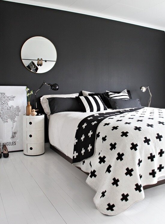 35 интересных идей для решения интерьера спальни в чёрных и белых цветах