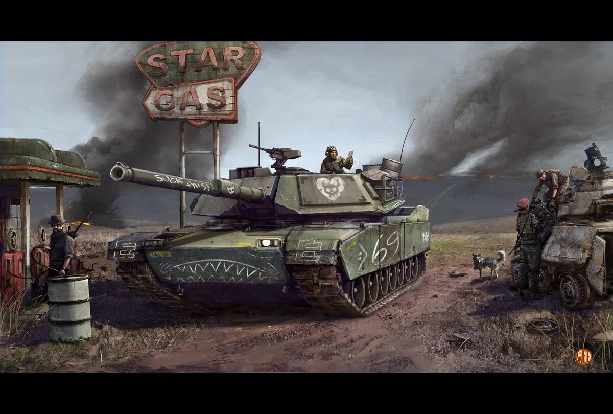 Вся игра в одной картинке. Сопротивление сливает топливо для техники с заправки, группа техников снимает вооружение с разбитого Бредли, а в центре кадра - побитый Абрамс.