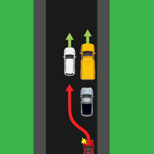 Третья ситуация, так называемый обгон “паровозиком”:

Эта ситуация трактуется водителями неоднозначно, по мнению одних, такой маневр не запрещен, так как в начале обгона транспортное средство, движущееся впереди (серый автомобиль) маневров не совершает, другие же считают, что белый автомобиль также движется впереди и выполнять обгон запрещено.