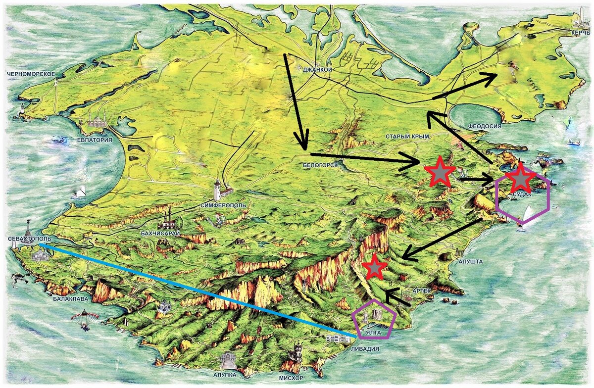 сверху вниз: удары монгол. звезды - места битв.( города кипчаков,линия-визант.граница)